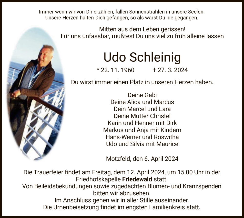 Traueranzeige für Udo Schleinig vom 06.04.2024 aus HZ