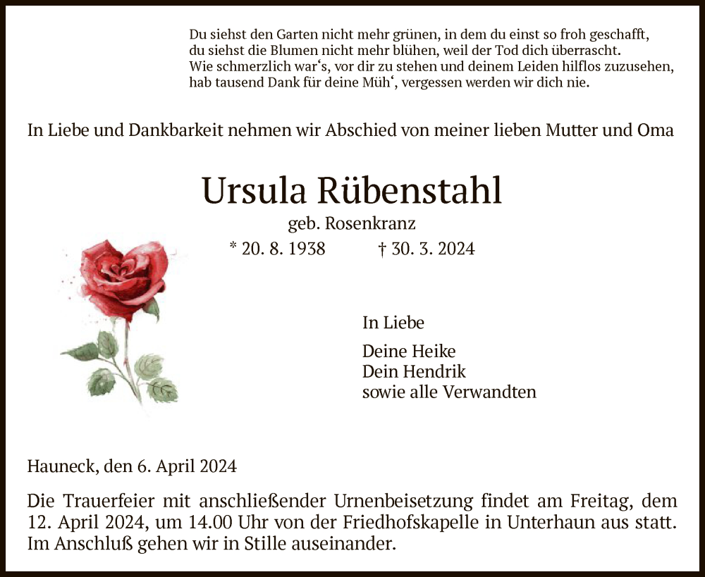  Traueranzeige für Ursula Rübenstahl vom 06.04.2024 aus HZ