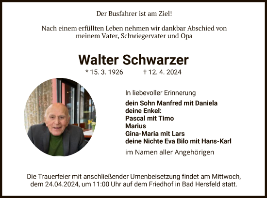 Traueranzeige von Walter Schwarzer von HZ
