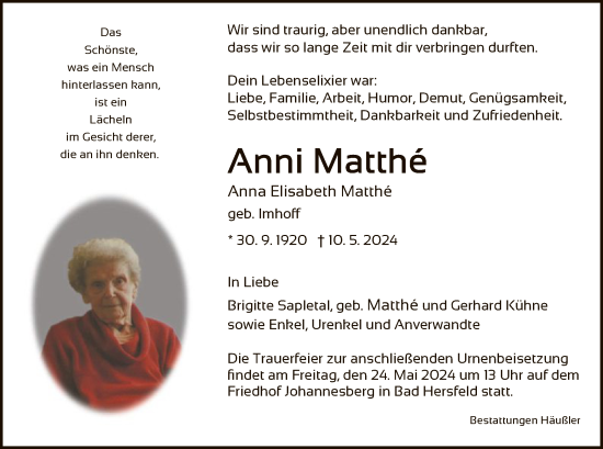 Traueranzeige von Anna Elisabeth Matthe von HZ