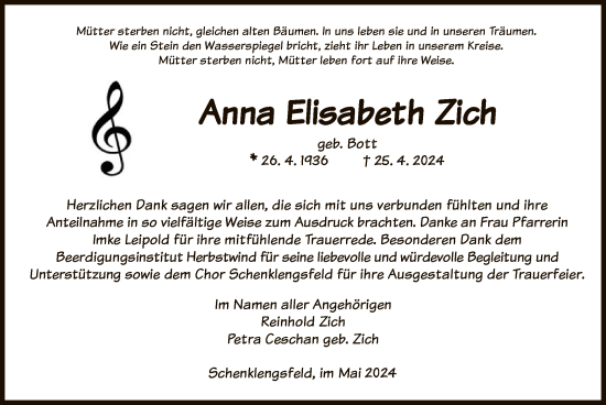 Traueranzeige von Anna Elisabeth Zich von HZ