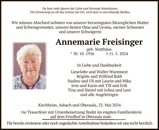 Traueranzeige von Annemarie Freisinger von HZ