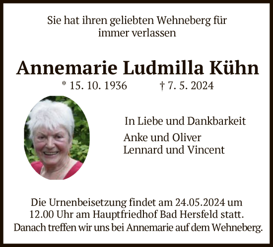 Traueranzeige von Annemarie Ludmilla Kühn von HZHNA