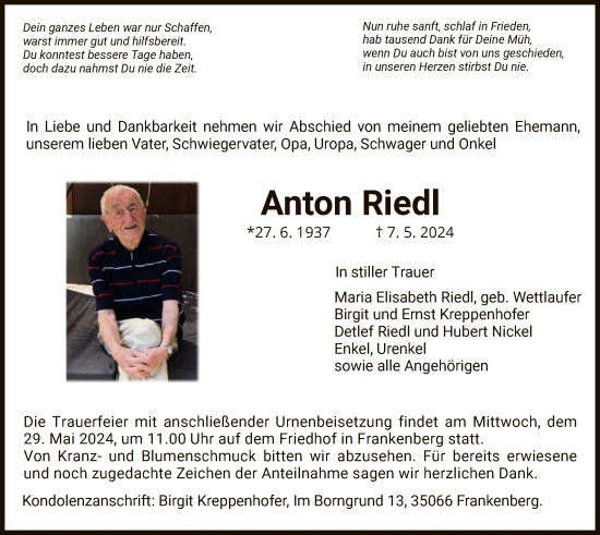 Traueranzeige von Anton Riedl von HZ