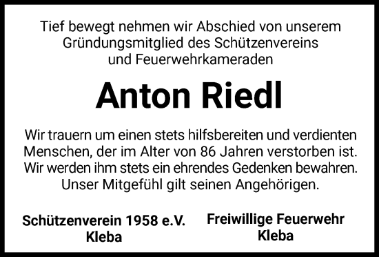 Traueranzeige von Anton Riedl von HZ
