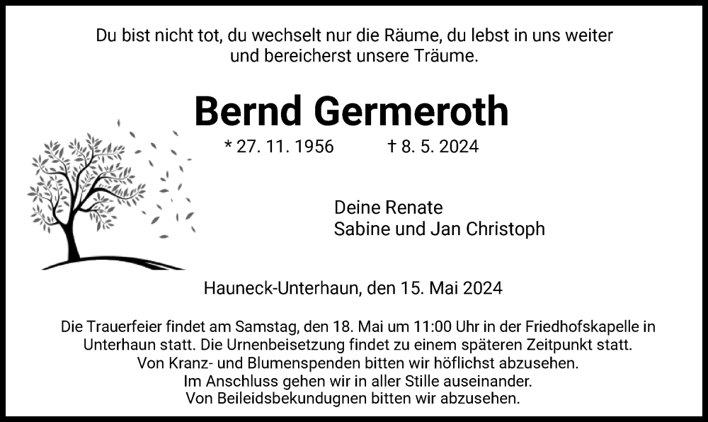  Traueranzeige für Bernd Germeroth vom 15.05.2024 aus HZ