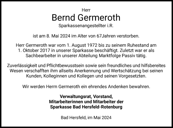 Traueranzeige von Bernd Germeroth von HZ