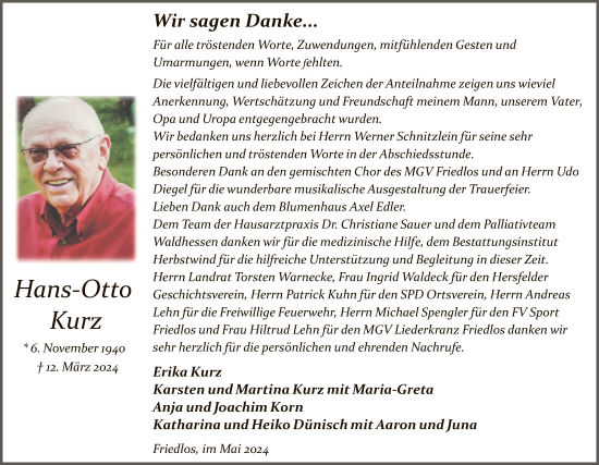 Traueranzeige von Hans Otto Kurz von HZ