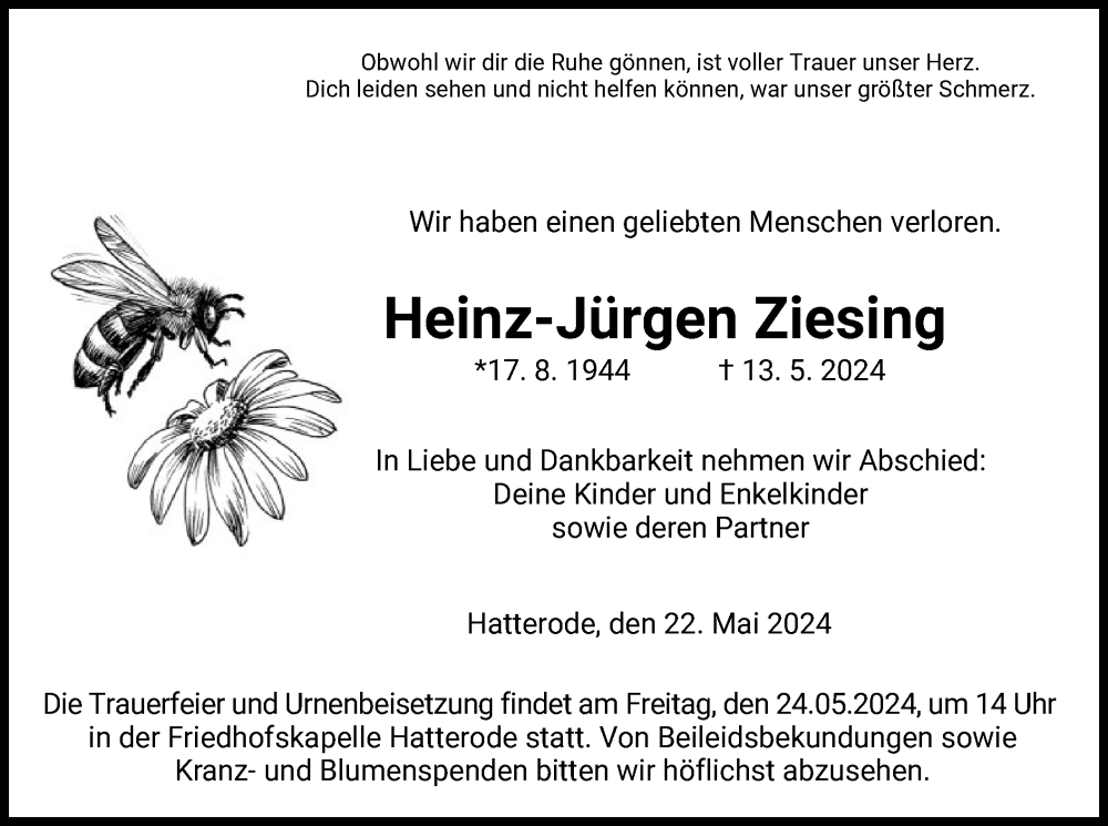  Traueranzeige für Heinz-Jürgen Ziesing vom 22.05.2024 aus HZ