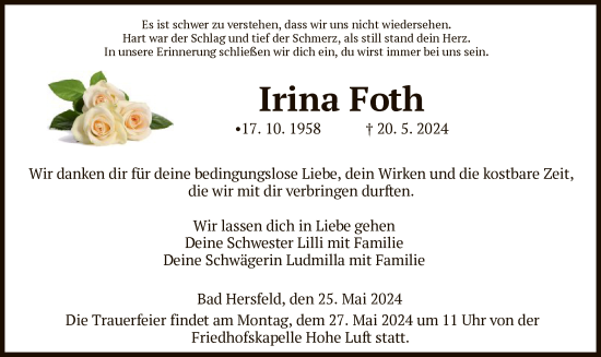 Traueranzeige von Irina Foth von HZHNA