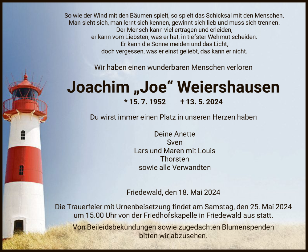  Traueranzeige für Joachim Weiershausen vom 18.05.2024 aus HZ