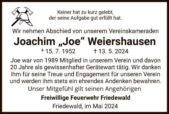 Traueranzeige von Joachim Weiershausen von HZ