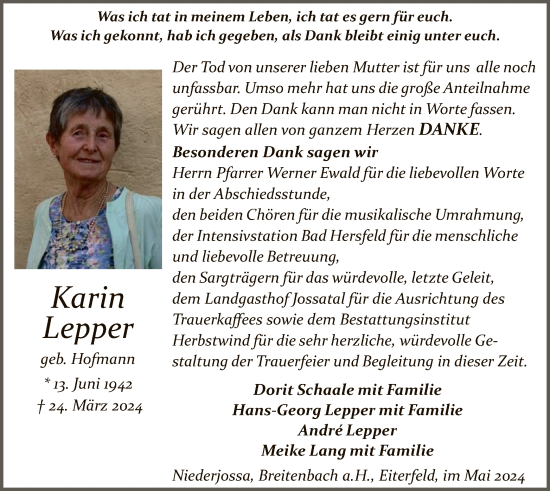 Traueranzeige von Karin Lepper von HZHNA