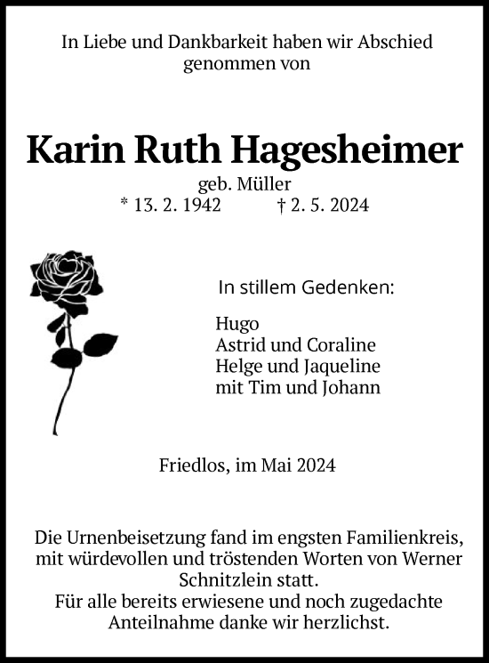 Traueranzeige von Karin Ruth Hagesheimer von HZ