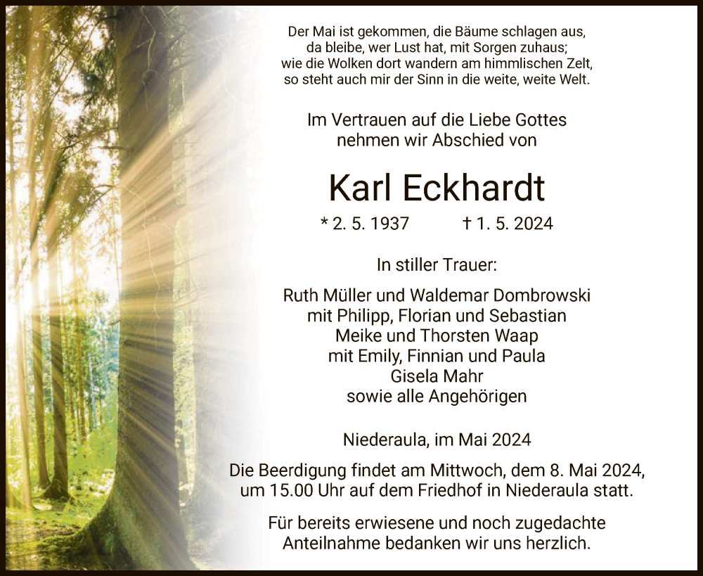  Traueranzeige für Karl Eckhardt vom 04.05.2024 aus HZ