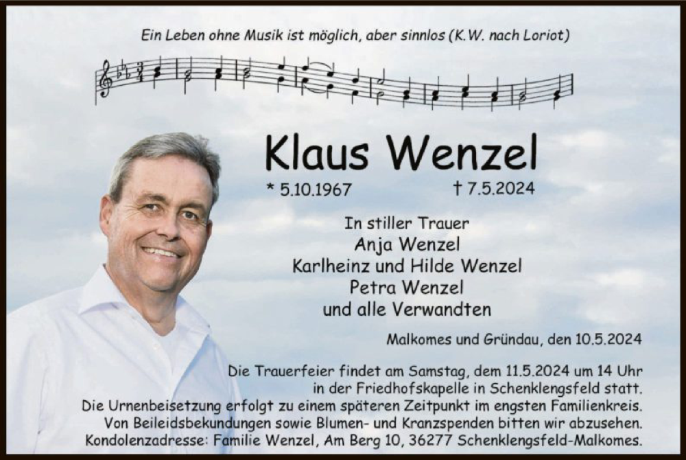  Traueranzeige für Klaus Wenzel vom 10.05.2024 aus HZ