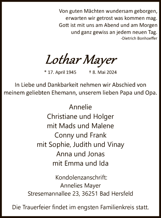 Traueranzeige von Lothar Mayer von HZ
