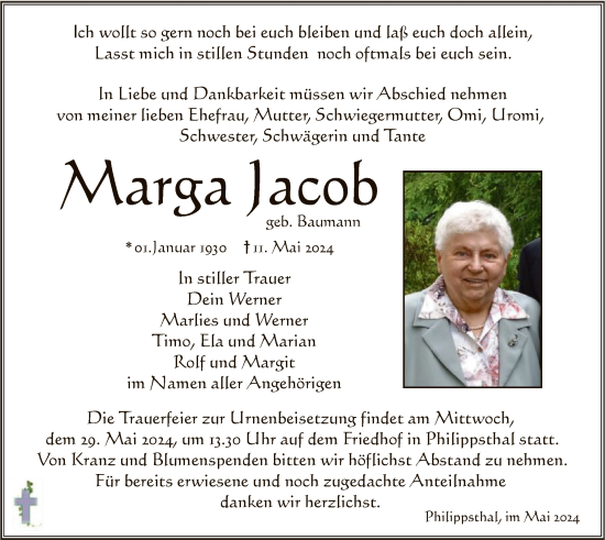 Traueranzeige von Marga Jacob von HZHNA