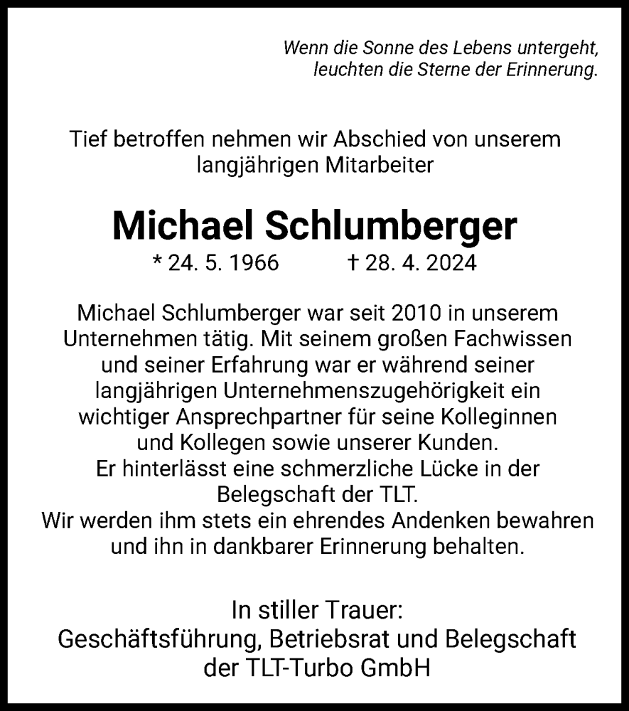  Traueranzeige für Michael Schlumberger vom 07.05.2024 aus HZ