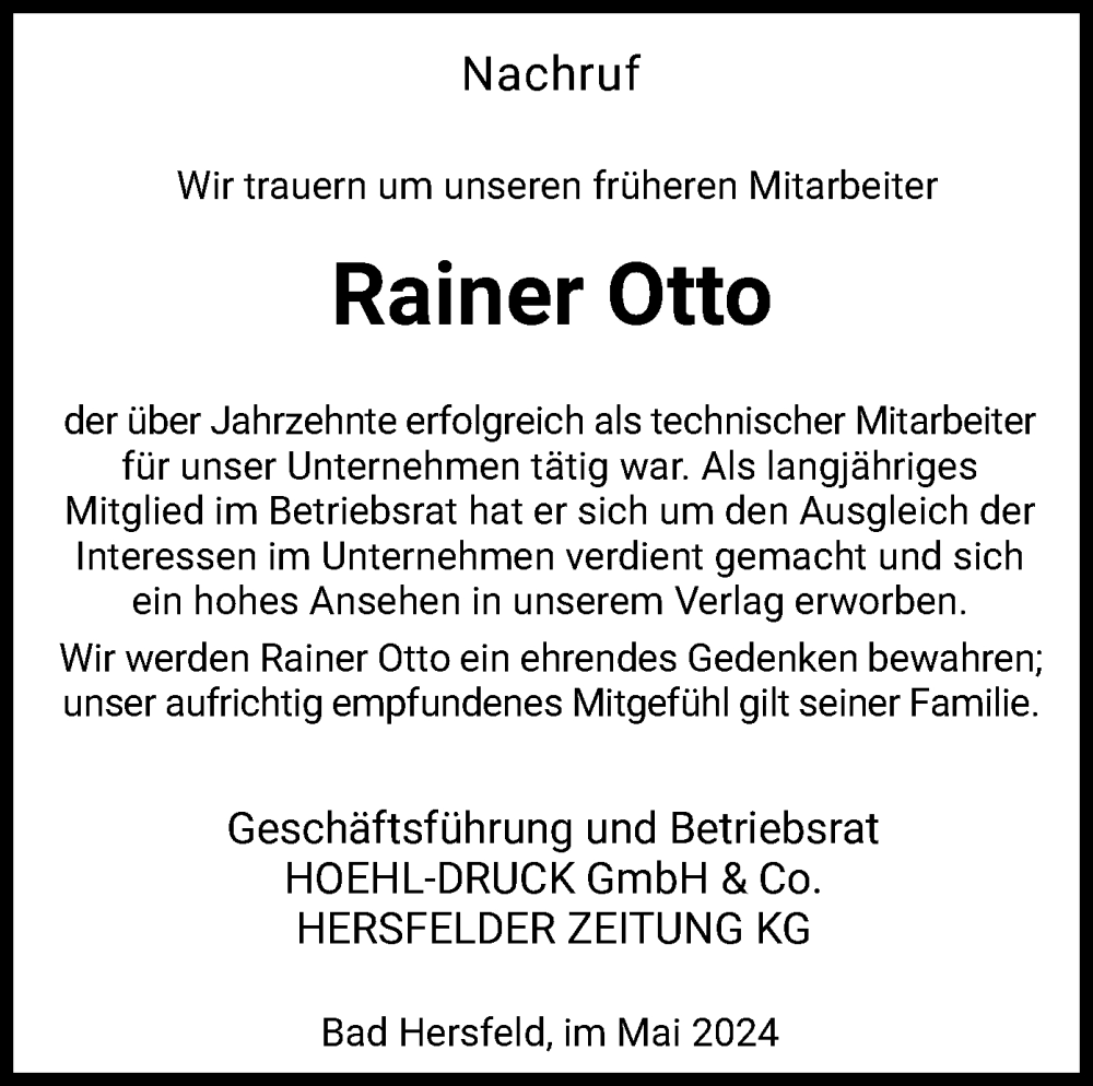  Traueranzeige für Rainer Otto vom 18.05.2024 aus HZ