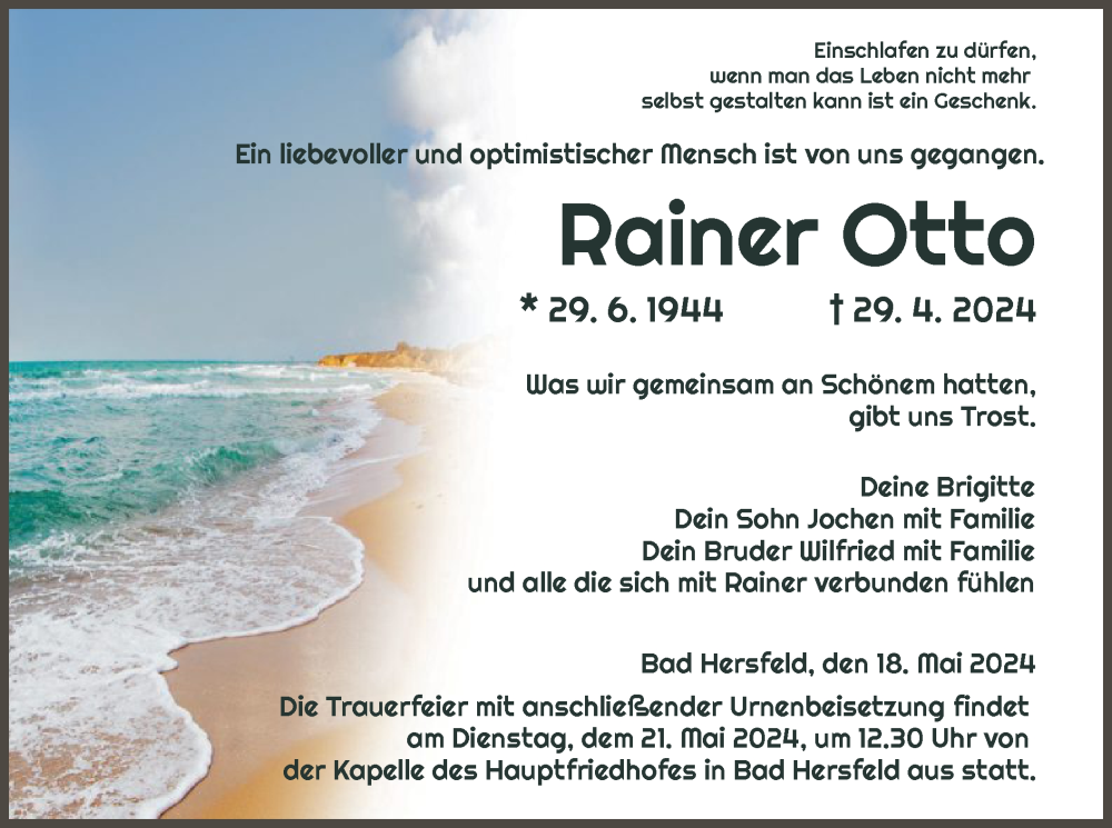  Traueranzeige für Rainer Otto vom 18.05.2024 aus HZ