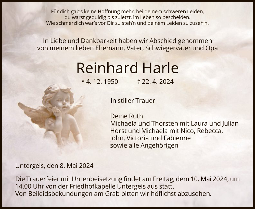  Traueranzeige für Reinhard Harle vom 08.05.2024 aus HZ