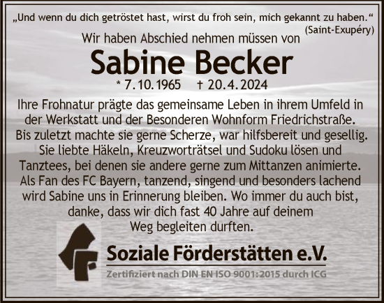 Traueranzeige von Sabine Becker von HZ