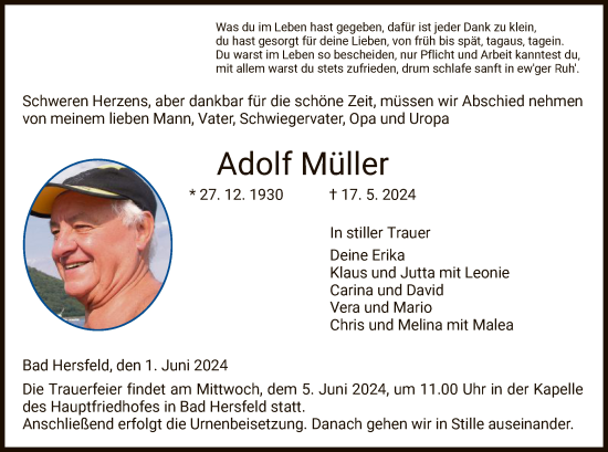 Traueranzeige von Adolf Müller von HZ