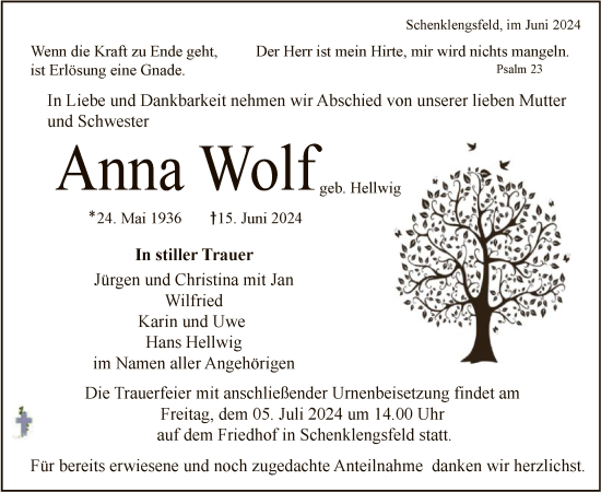 Traueranzeige von Anna Wolf von HZHNA