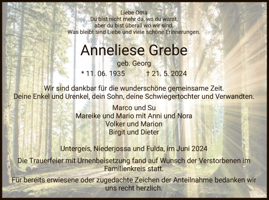 Traueranzeige von Anneliese Grebe von HZ