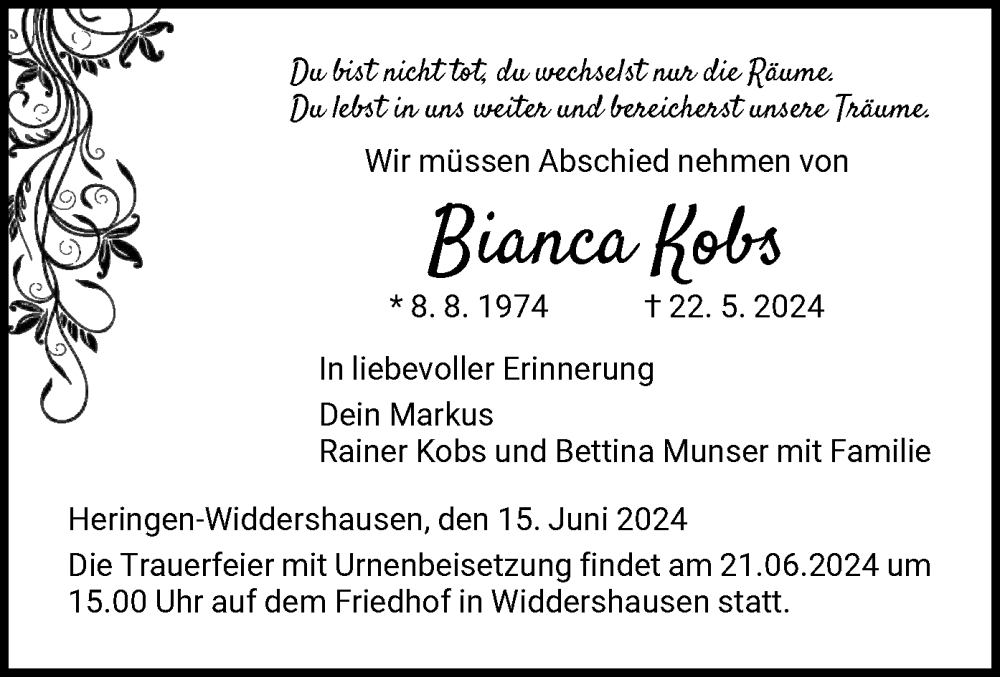  Traueranzeige für Bianca Kobs vom 15.06.2024 aus HZ