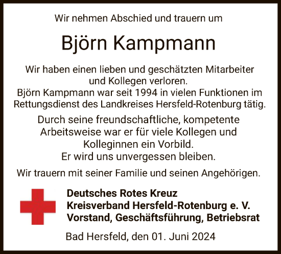 Traueranzeige von Björn Kampmann von HZ