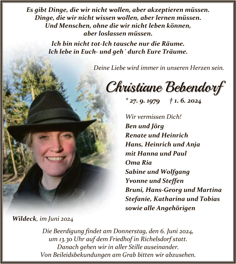  Traueranzeige für Christiane Bebendorf vom 04.06.2024 aus HNAHZ