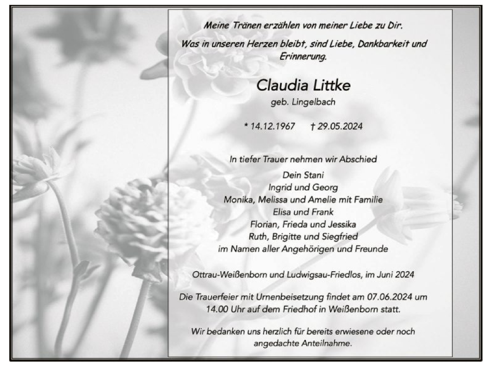  Traueranzeige für Claudia Littke vom 05.06.2024 aus HNAHZ