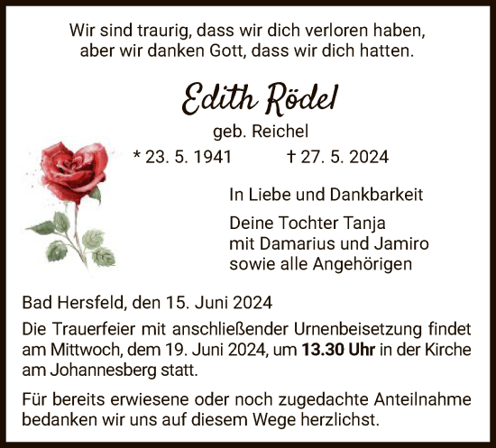 Traueranzeige von Edith Rödel von HZ