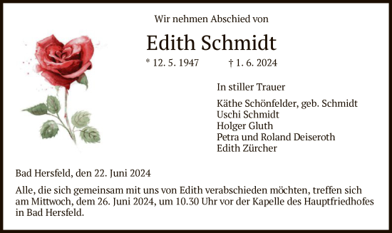 Traueranzeige von Edith Schmidt von HZHNA