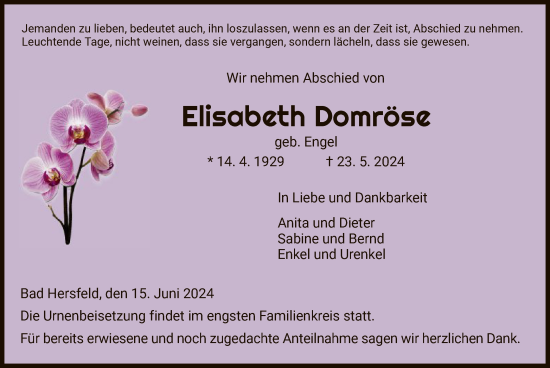 Traueranzeige von Elisabeth Domröse von HZ