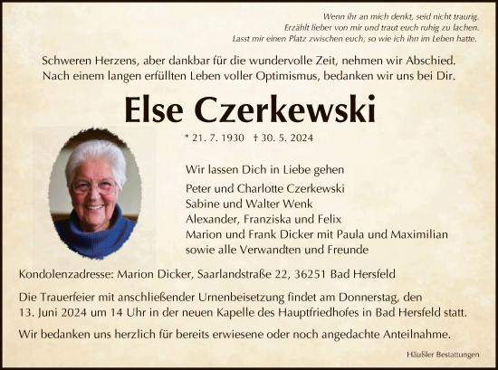 Traueranzeige von Else Czerkewski von HZ