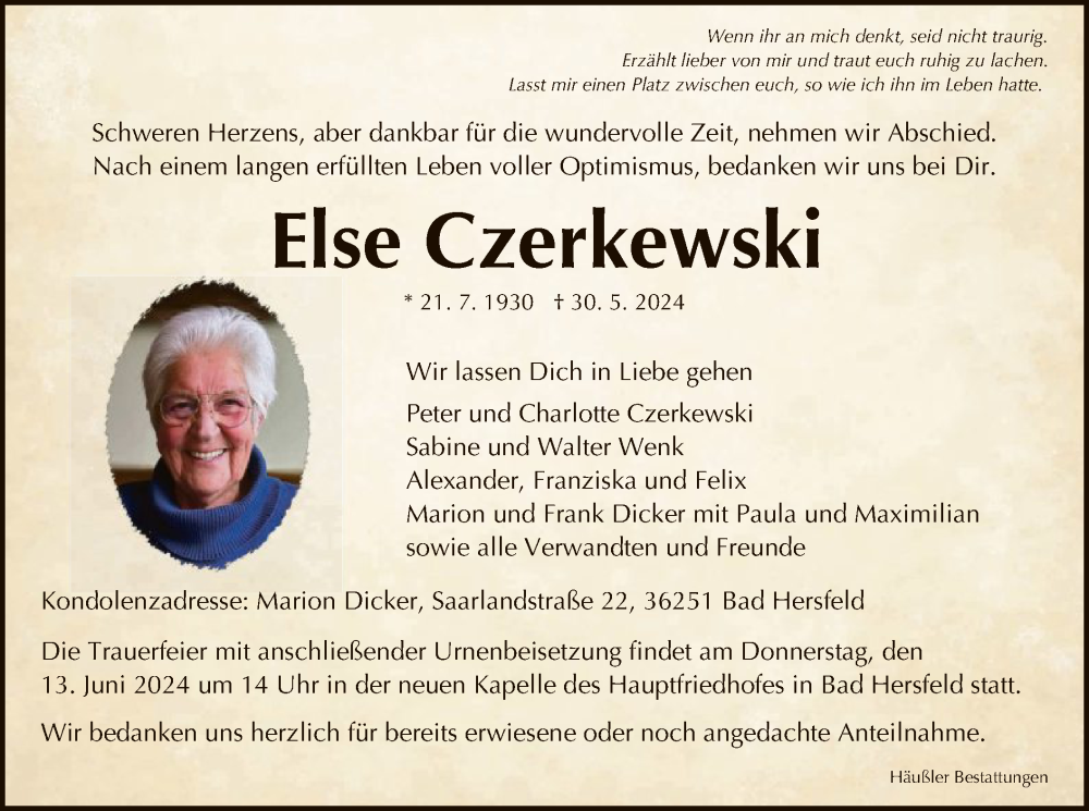  Traueranzeige für Else Czerkewski vom 08.06.2024 aus HZ