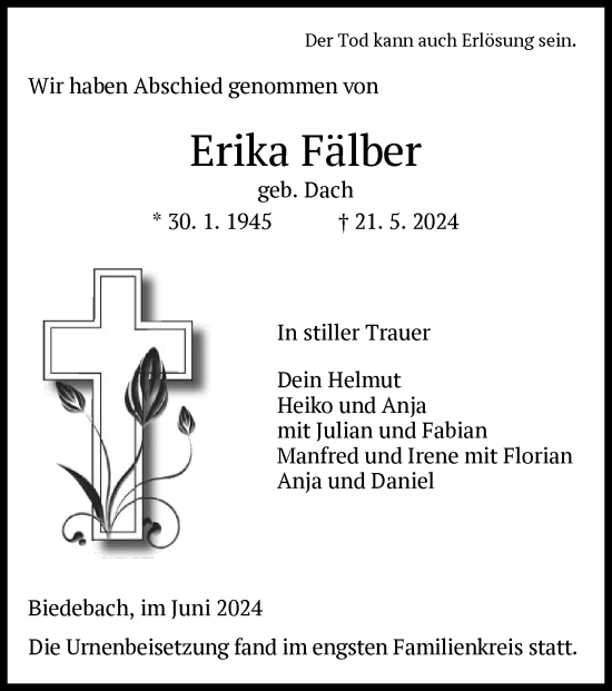 Traueranzeige von Erika Fälber von HZHNA