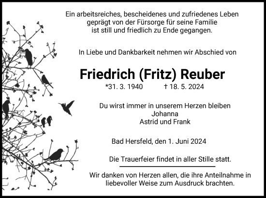 Traueranzeige von Friedrich Reuber von HZ