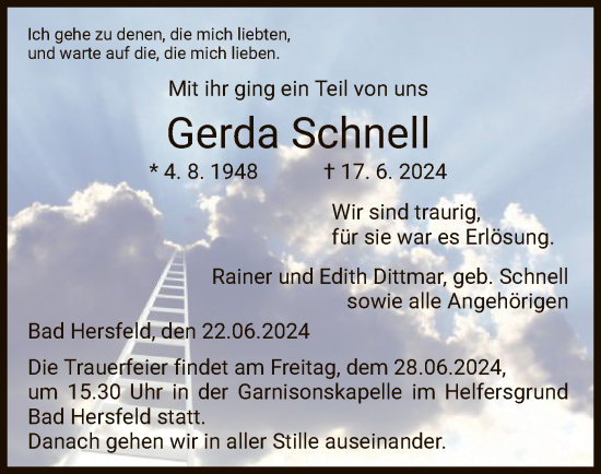 Traueranzeige von Gerda Schnell von HZ