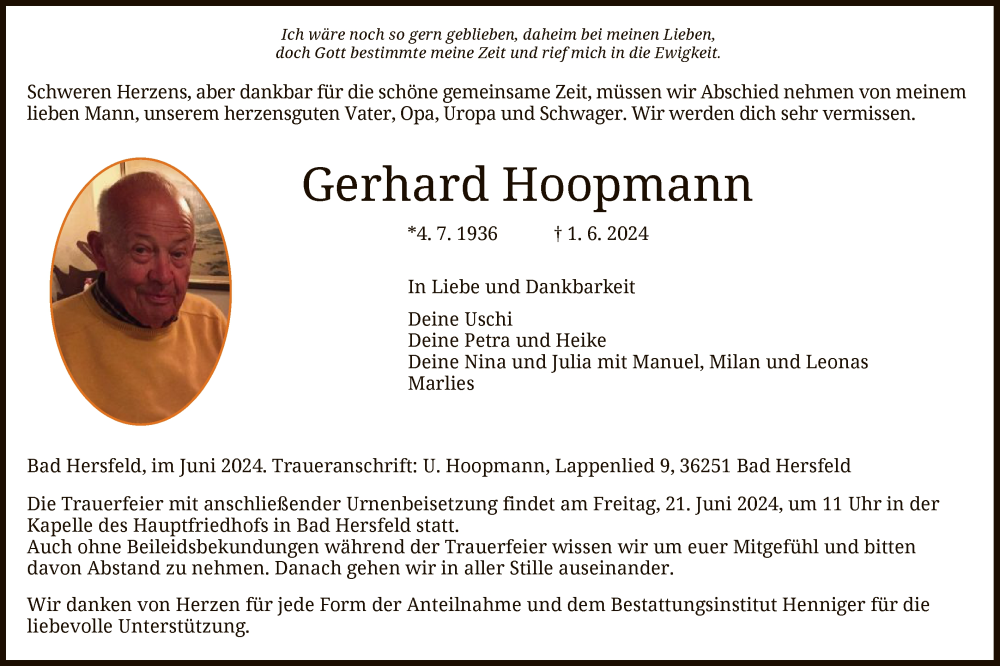  Traueranzeige für Gerhard Hoopmann vom 15.06.2024 aus HZ