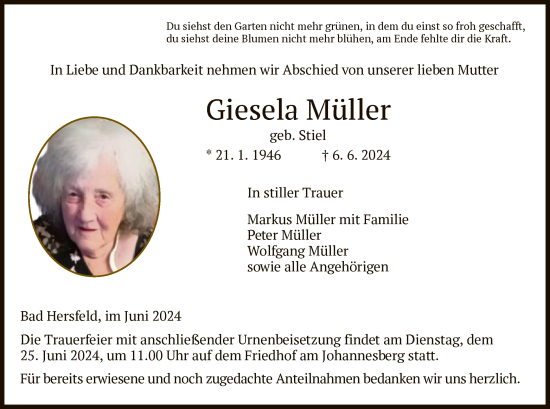 Traueranzeige von Giesela Müller von HZ