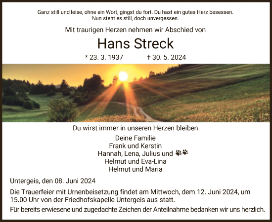 Traueranzeige von Hans Streck von HZHNA