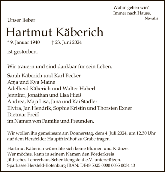 Traueranzeige von Hartmut Käberich von HZ