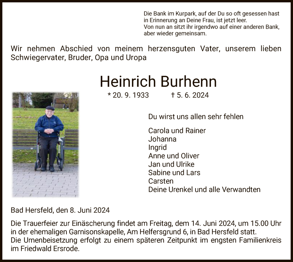  Traueranzeige für Heinrich Burhenn vom 08.06.2024 aus HZ