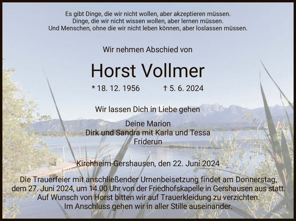  Traueranzeige für Horst Vollmer vom 22.06.2024 aus HZ