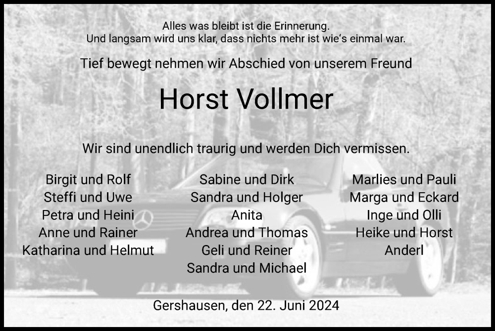  Traueranzeige für Horst Vollmer vom 22.06.2024 aus HZ