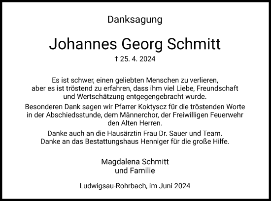 Traueranzeige von Johannes Georg Schmitt von HZ